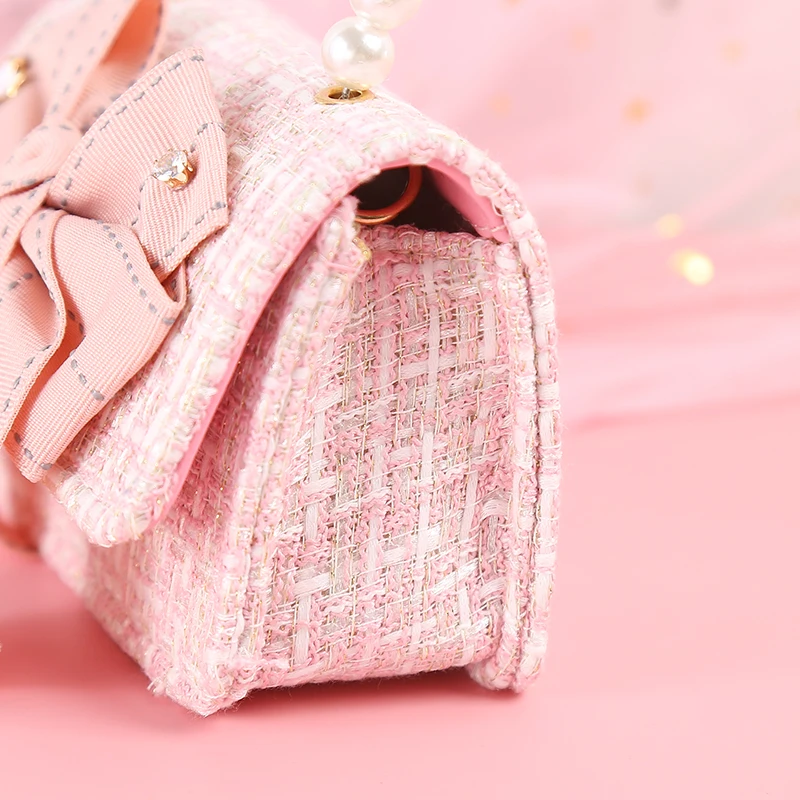 Kids Linen Purses and Handbags Cute Girls Princess Mini Crossbody Bag Bowknot Toddler Party Pearl Tote Hand Bags Gift