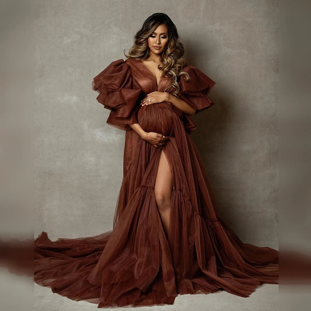 

Customized Brown Maternity Dresses Photo Shoot Tulle Maternity Robe Pregnant Women Gowns Fluffy Ruffle Robe Formal Party Dress