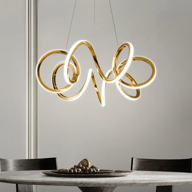 Nordic Gold Twisted Ring LED Pendant Lights Light Luxury Dining Room Kitchen Chandelier Lighting Restaurant Bedroom Lustre Lamps