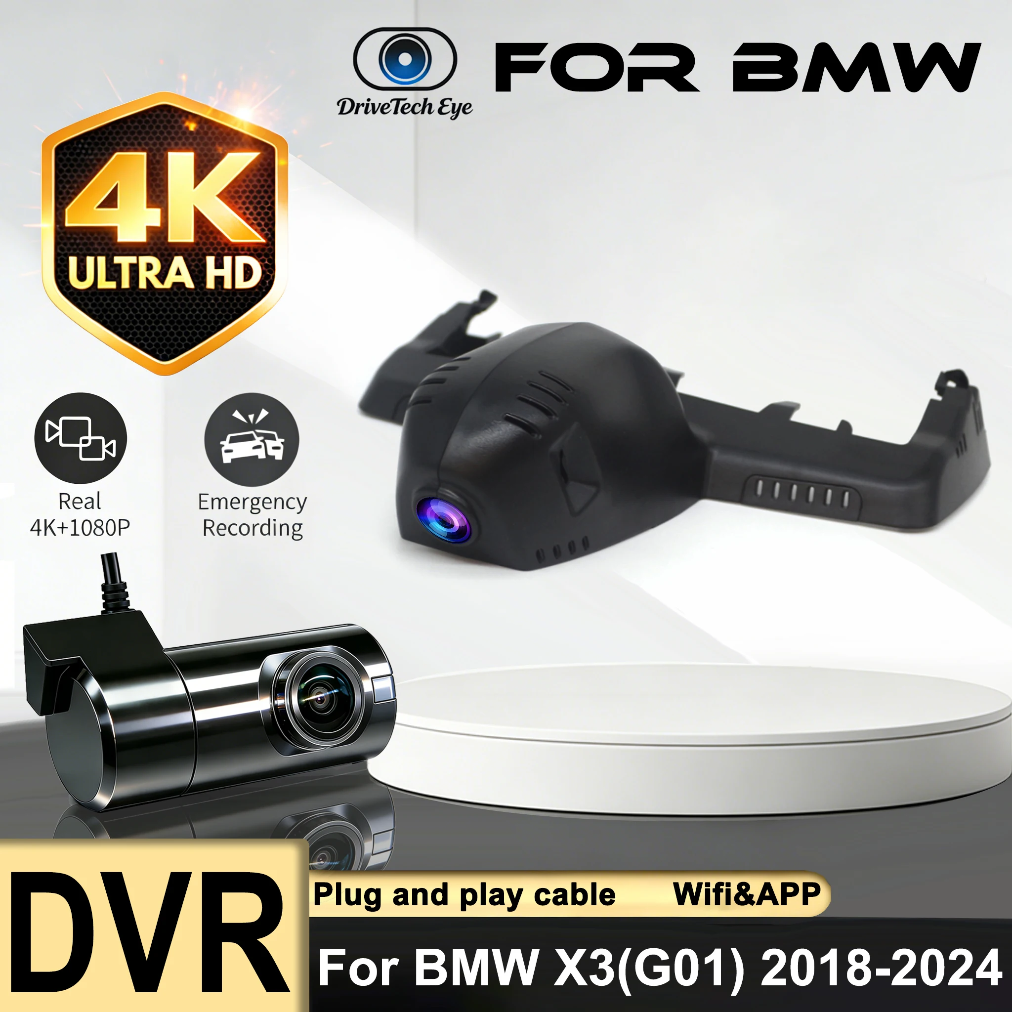 

Plug and play 4K Dash Cam for BMW X3,iX3,X3M G01 2018-2024, UHD Car DVR Camera, Loop Recording, Easy Install, WDR, Built-in WiFi