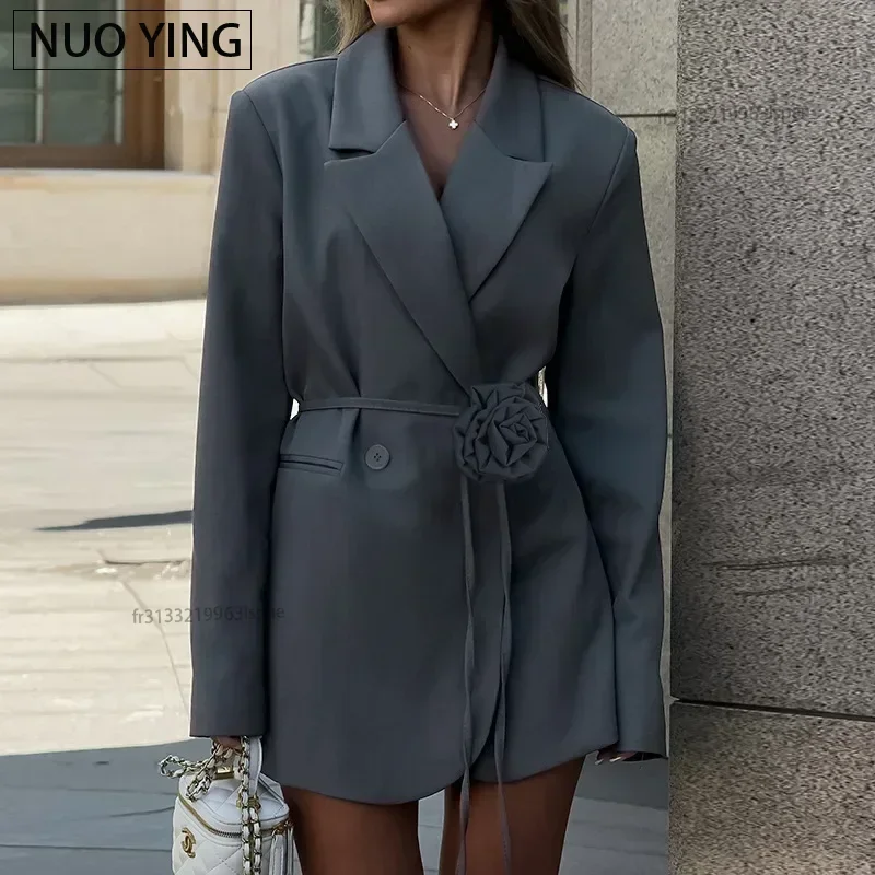 Women's Fashion Belt Long Sleeve Blazer Women's Autumn and Winter New Notch Collar Blazer Women's Retro Pocket Blazer