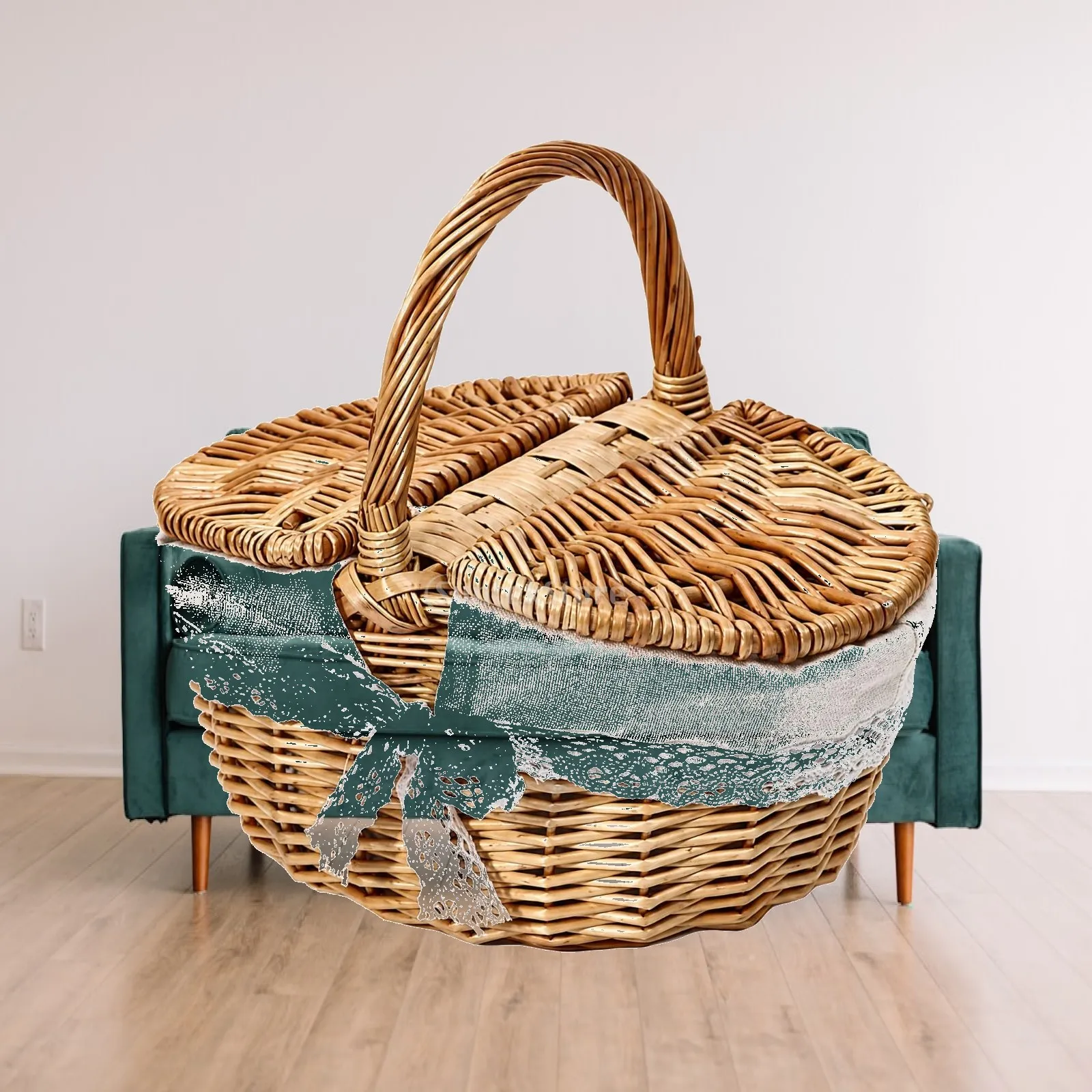 Braided Vine Basket with Linen Lining for Bread Serving and Household Tidy Storage