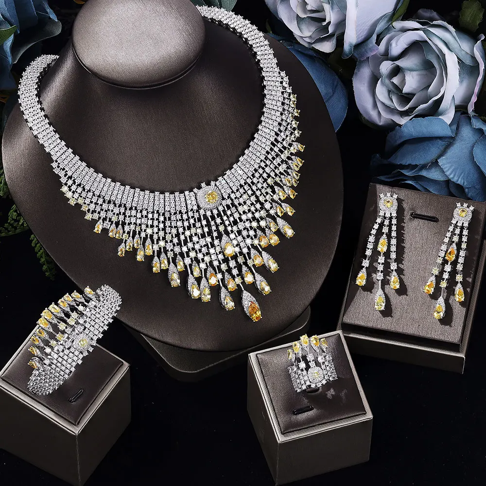 HIBRIDE New Yellow Tassel Dazzling Jewelry Necklace Earrings Bracelet Women's Set Suitable for Wedding Holiday Event Gift S-1000