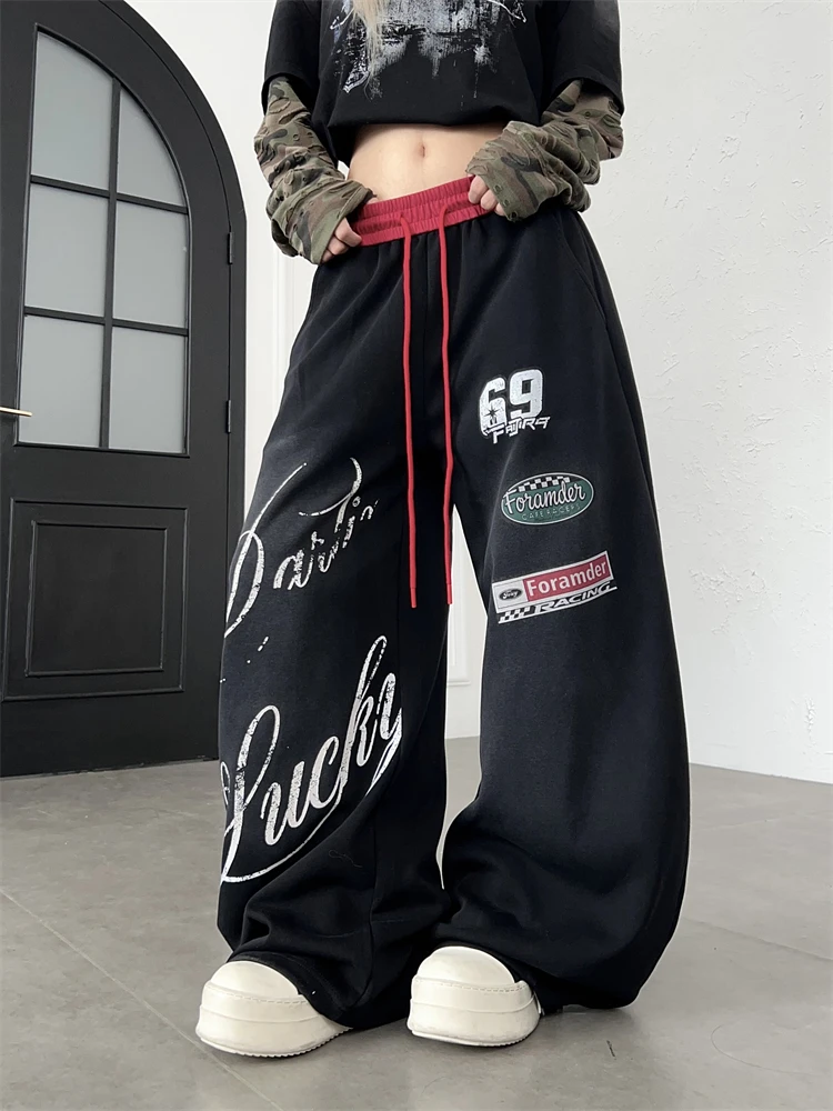 Women's Letter Print Hip-Hop Sweatpants Unisex Motorcycle Style Wide Leg Trousers Cool Girl Bottoms Female High Waisted Pants