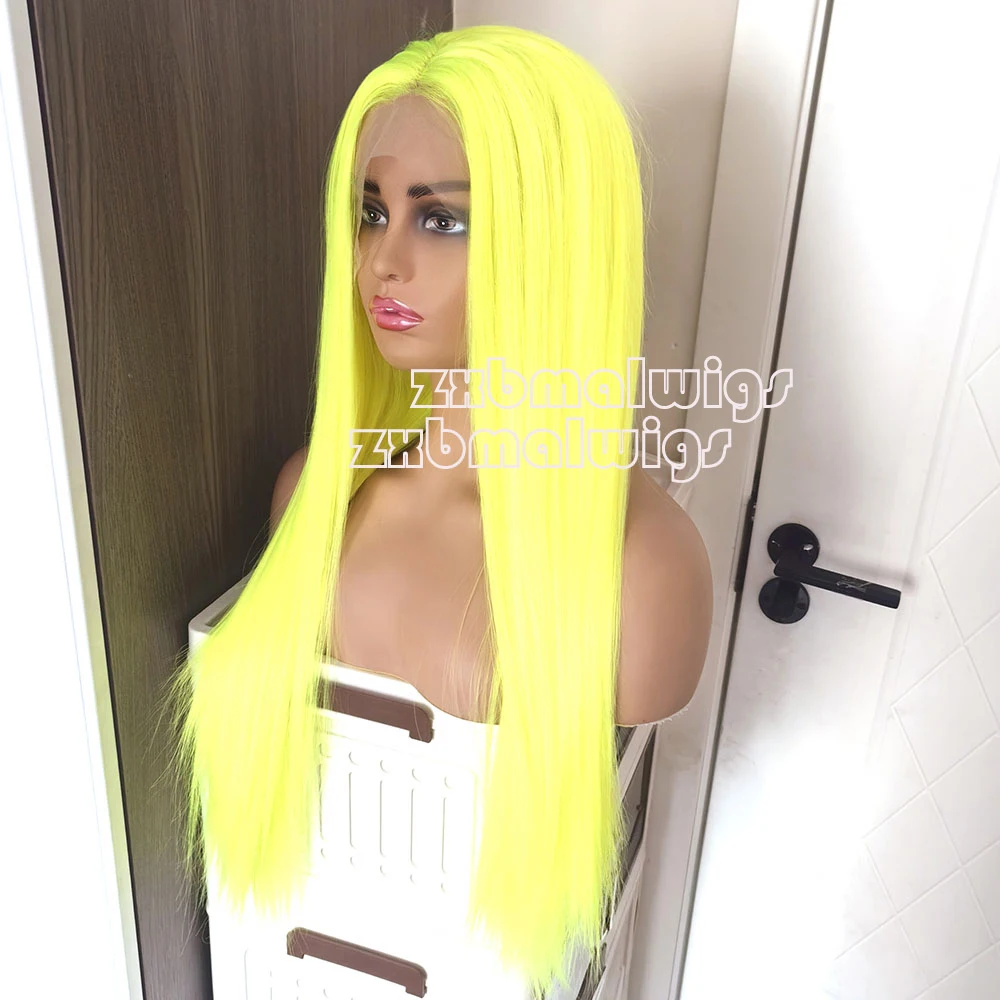 ZXBMALWIGS  Straight Synthetic Hair Neon Yellow Lace Front Wigs for Women  High Temperature Fiber Lace Wigs Daily Cosplay