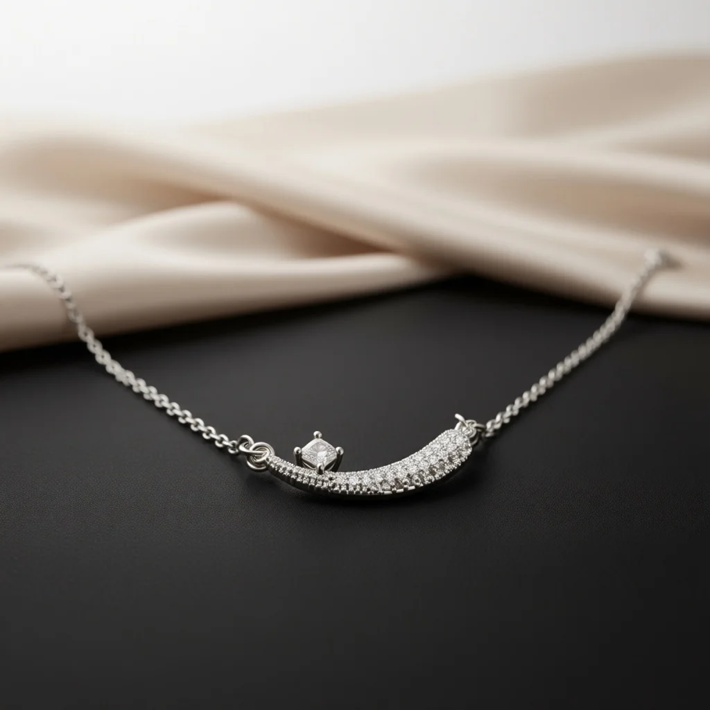 Silver‑Tone Curved Smile Pave Zircon Pendant Necklace for Women, Dainty Elegant Trendy Glam Minimalist Statement Fashion Jewelry