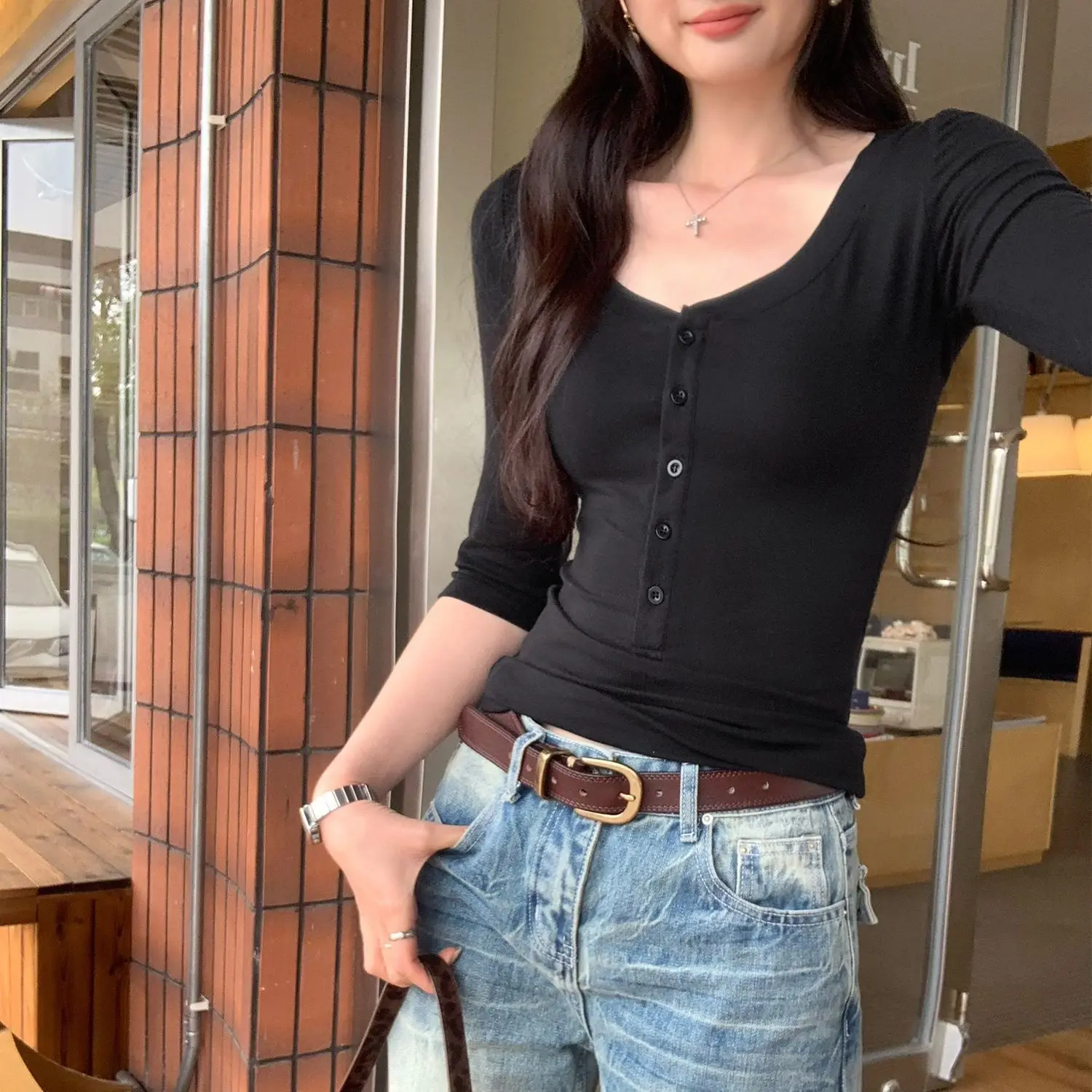 Ultra Soft Modal Cotton Thin Breathable mid Sleeve T Shirt Women's Early Spring 2026 New Five Sleeve Top Base Shirt