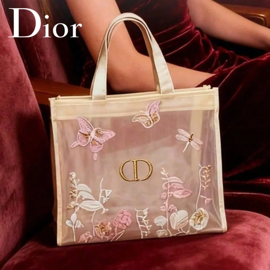 Christian Dior Dior’s Bag Luxury Designer Semi-transparent Mesh Makeup Bag Butterfly Floral Print Travel Cosmetic Organizer Pouc