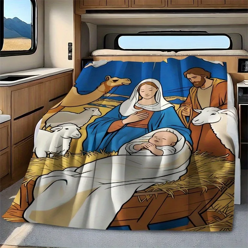 Nativity Scene Blanket Soft Flannel Throw Virgin Mary Baby Jesus Christian Fleece Blanket for Sofa Bed Travel