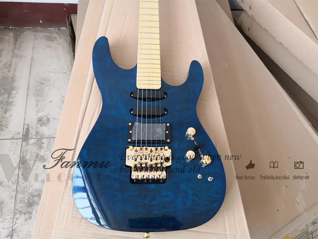 Blue Electric Guitar PC-1 Guitar Basswood Body Maple Fingerboard Tremolo Bridge SSH Pickups Active Battery Gold Tuners