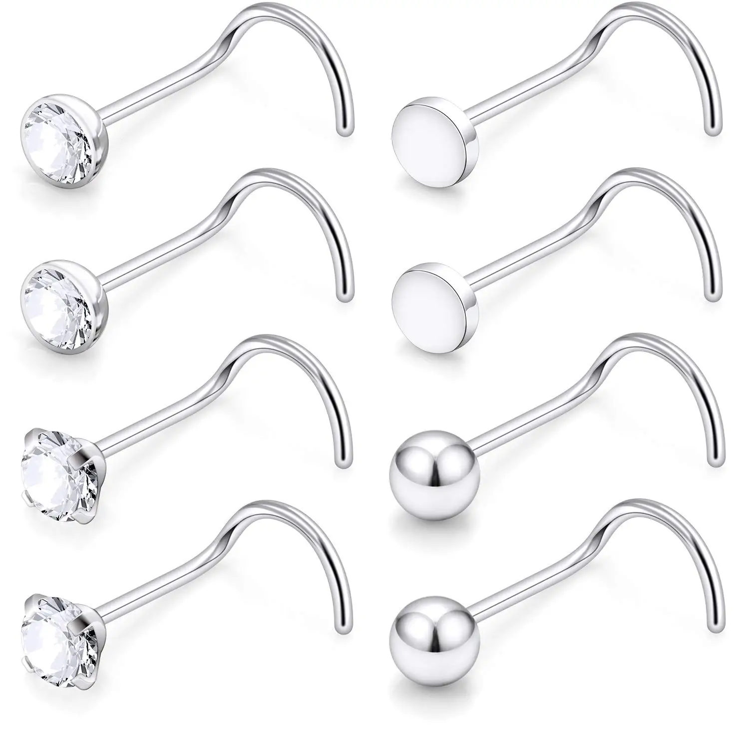 Stainless Steel Nose Rings Stud Set for Women Men Screw Nostril Piercing Jewelry 1.5mm 2mm 2.5mm 3mm Clear CZ Ball Flat