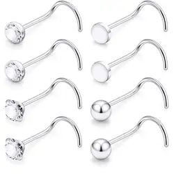 Juego de anillos de acero inoxidable para la nariz para hombres y mujeres, joyería para Piercing de fosa nasal con tornillo, 1,5mm, 2mm, 2,5mm, 3mm, Bola de CZ transparente plana