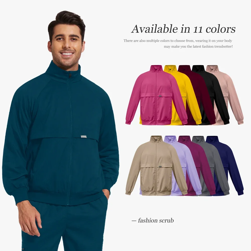 Esfoliante uniforme de manga comprida jaqueta unissex veterinária pet clínica uniformes clínicos mulheres homens casaco médico spa esfrega topos