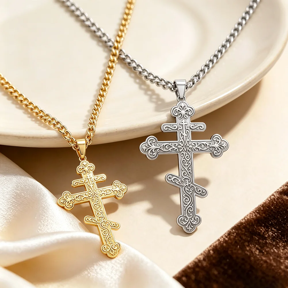 Orthodox Cross Pendant Necklace for Men Women Vintage Engraved Russian Orthodox Christian Cross Religious Faith Amulet Jewelry