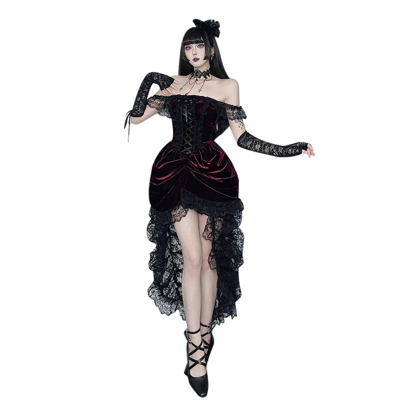 Vestido largo de terciopelo rojo oscuro, vestido de noche elegante de encaje de cintura alta para mujer, fiesta nocturna Sexy con cita, graduación, regalo de San Valentín