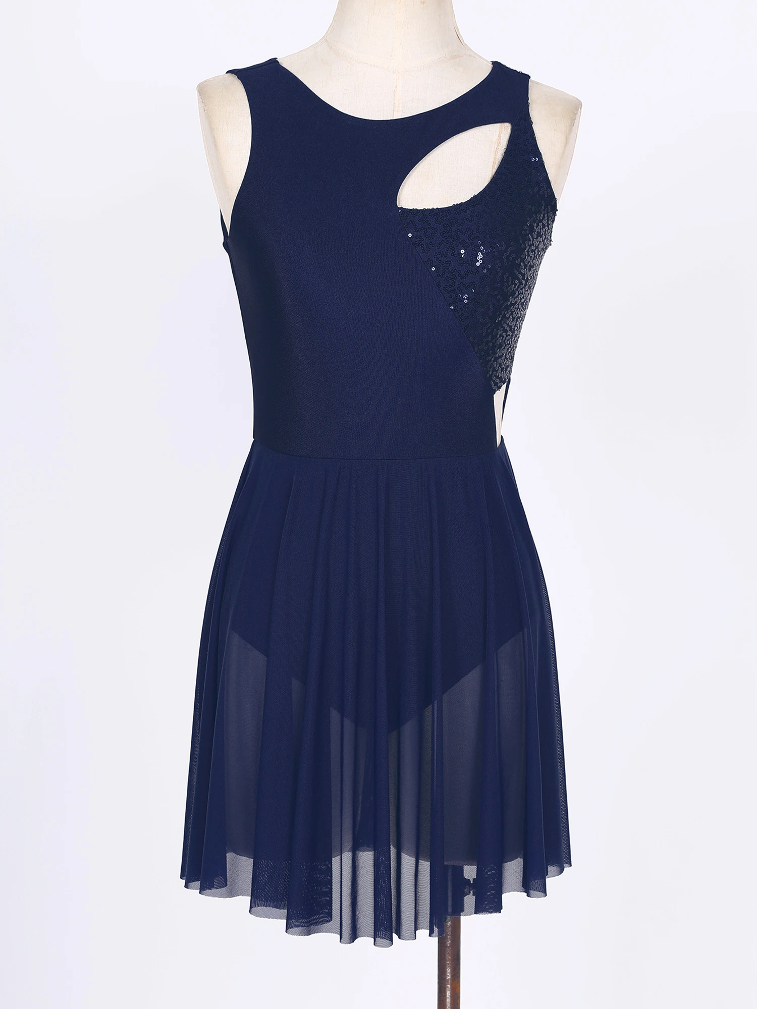 Womens Sparkly Sequins Patchwork Leotard Dress Cutout Sleeveless Dresses Dancewear Figure Skating Performance Costumes