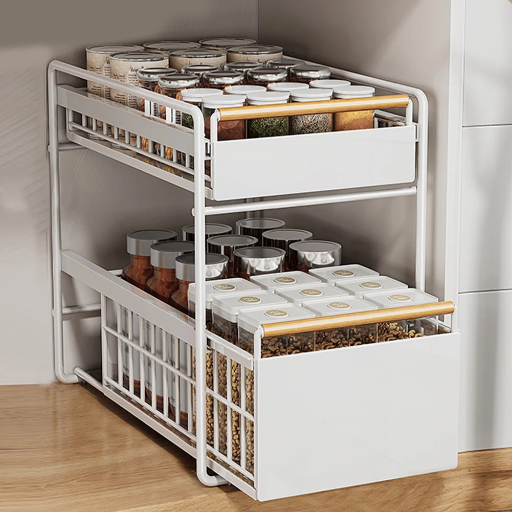 

2-Tier Cabinet Pull-Out Organizer with Hooks Multifunction Storage Holder Large Capacity for Bathroom Bedroom Skin Care