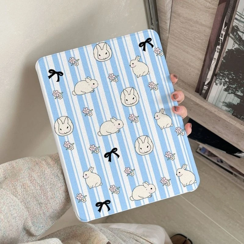 Blue Striped Rrabbit Tablet Case For iPad Pro 11 12.9 13 A16 M2 M4 M3 M5 Shell 8.3 9.7 5/6/7/8/9/10/11th Mini Air 3 4 5 Cover
