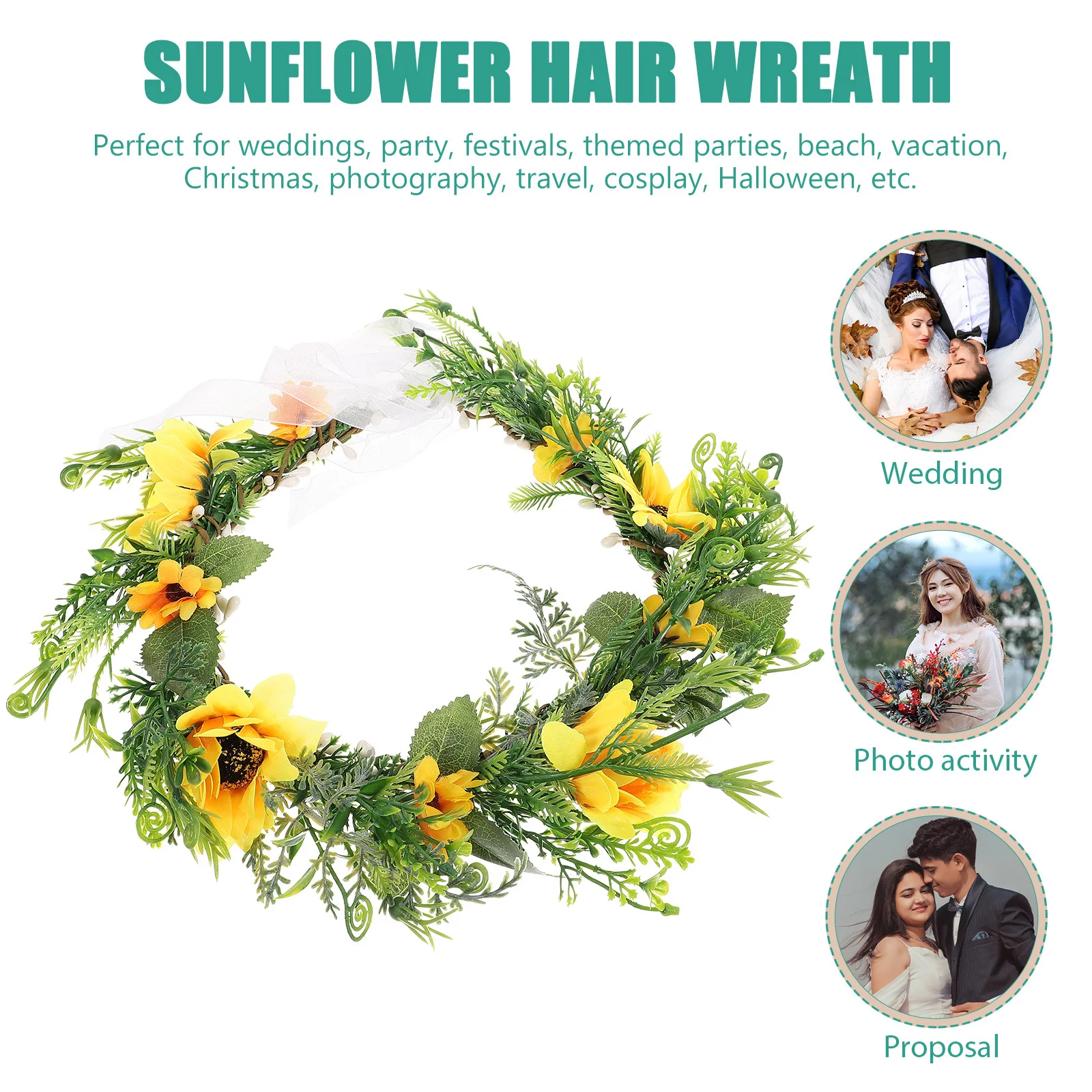 

Sunflower Hair Wreath Artificial Flower Headpiece Bohemian Wedding Garland For Women Adjustable Festival