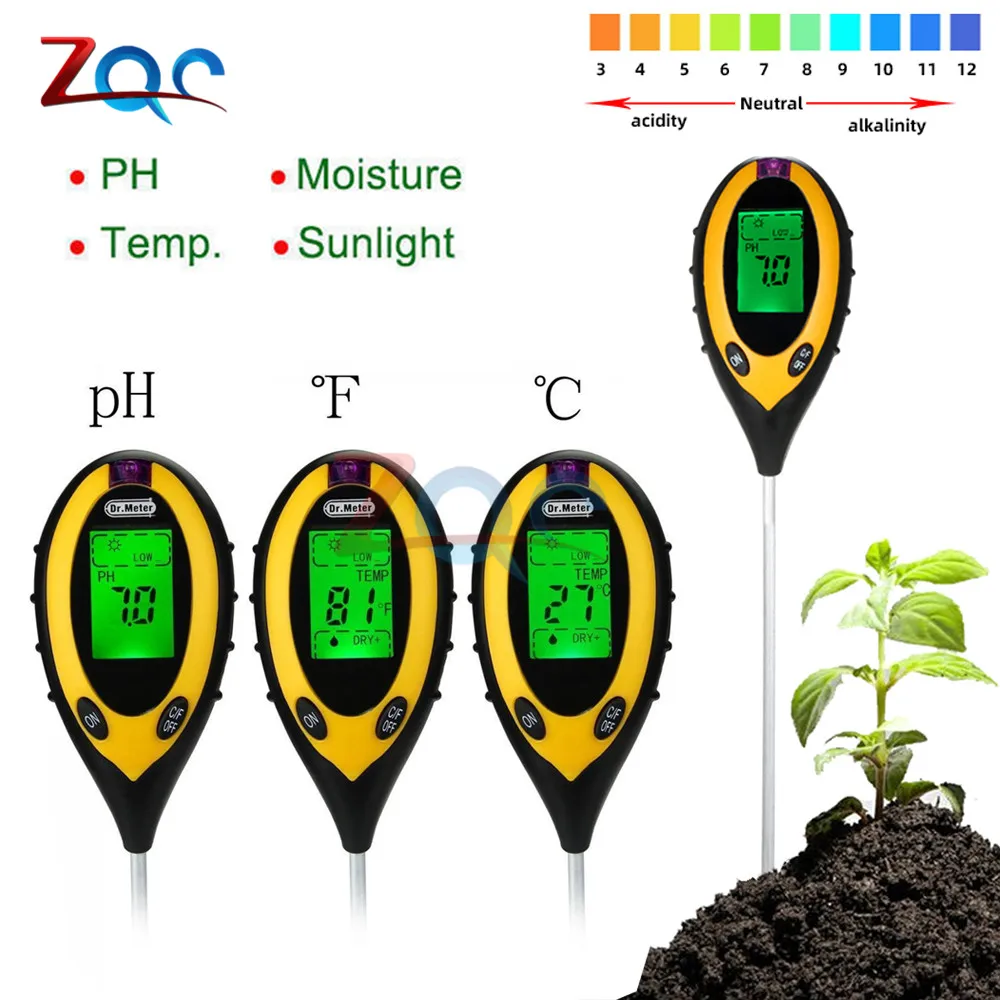 4 In 1 Soil PH Meter Digital Soil Moisture Monitor Temperature Sunlight Tester Meter Acidity Moisture Measurement Garden Tool