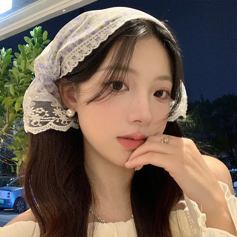 Korean Version of Summer Seaside Photo Lace Triangular Headscarf Women's Bag Head Tied Hair Band French Retro Sweet Silk Scarf