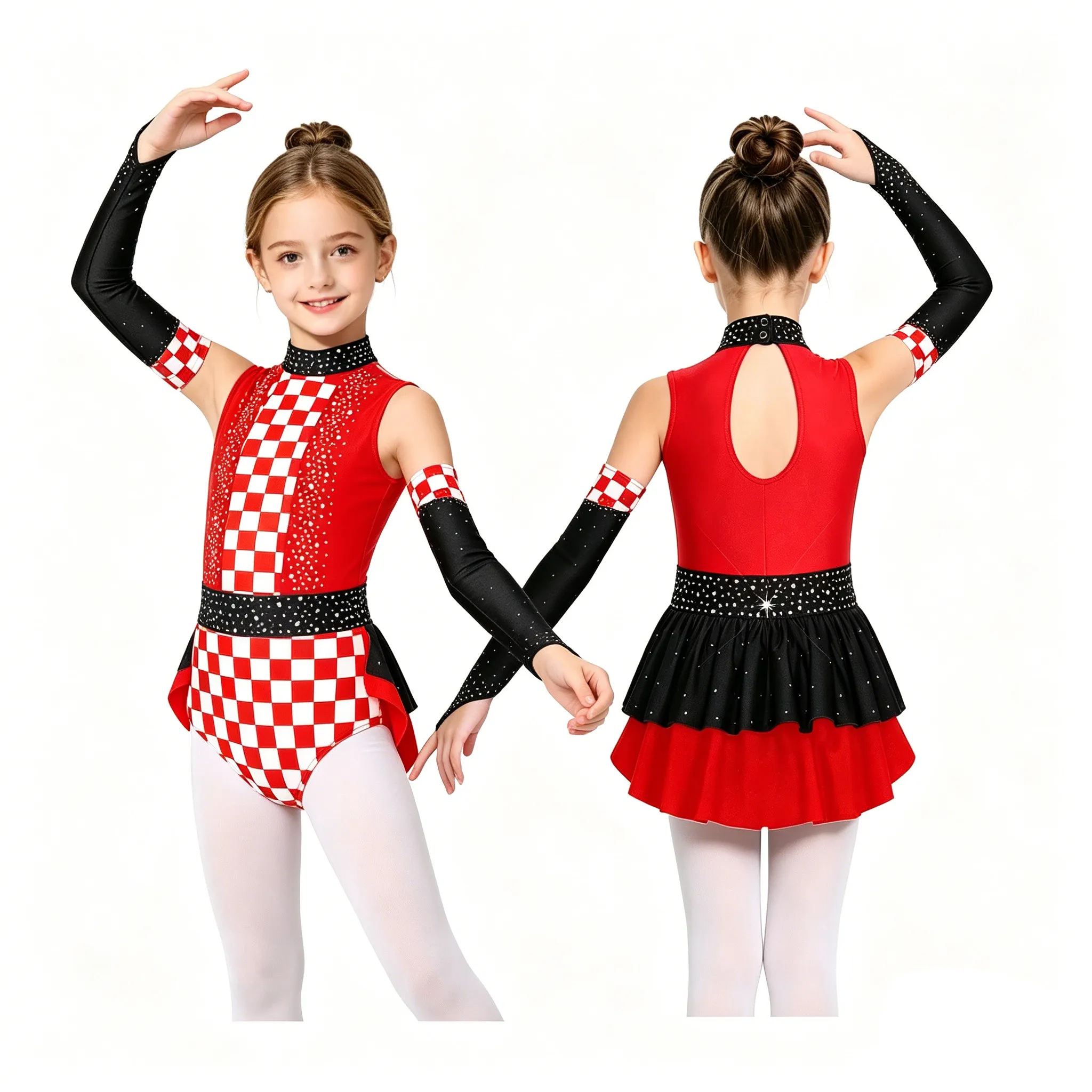 

6-16Y Girls Racer Circus Dance Costume Shiny Rhinestones Figure Skating Gymnastics Acrobatics Ballet Leotard Dress with Sleeves