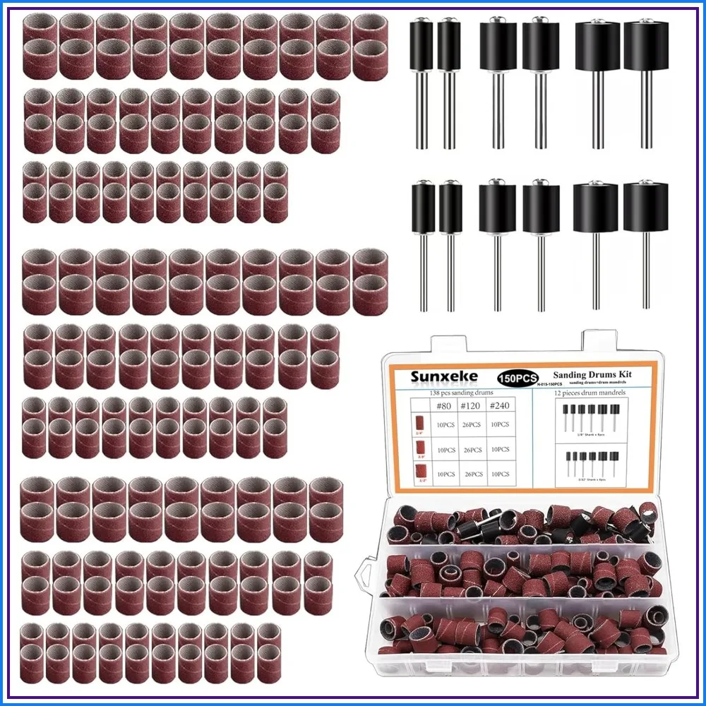 

138-Piece Sanding Drum Set for Rotary Tools - 80/120/240 Grit Sleeves & 12 Mandrels, Storage Box Included