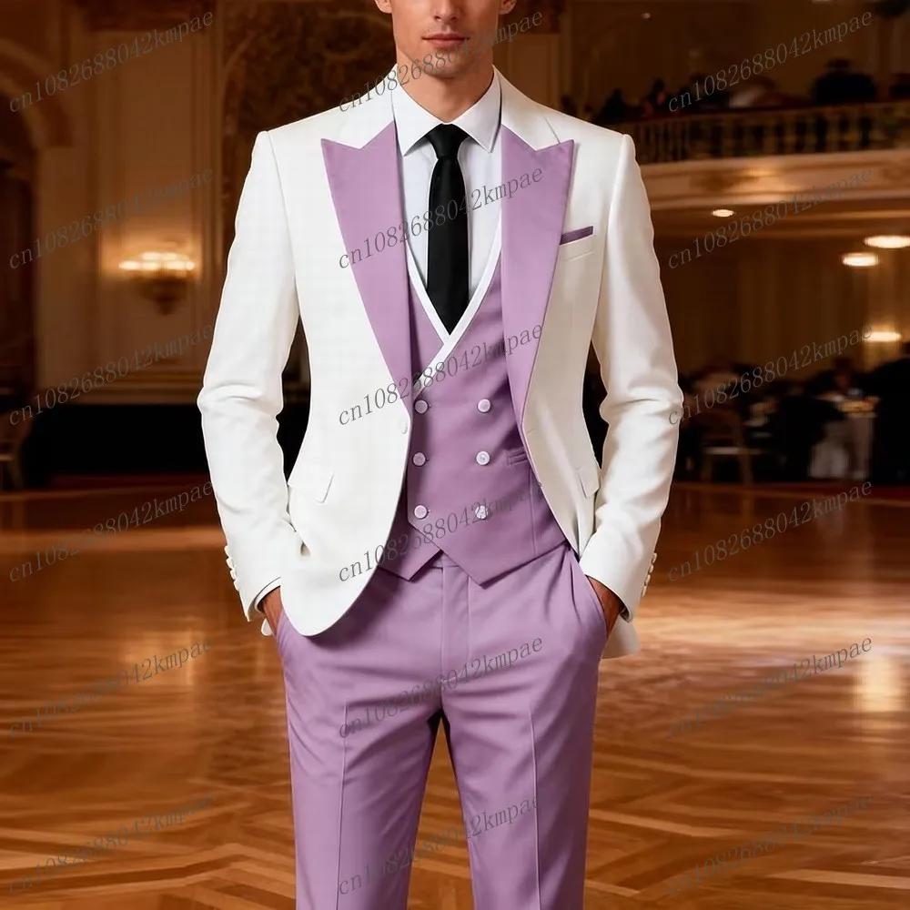 جديد الخزامى والأبيض بدلة رسمية للرجال العريس وصيف حفل زفاف حفلة موسيقية الأعمال الذكور البدلات الرسمية 3 قطعة مجموعة السترة سترة السراويل #1