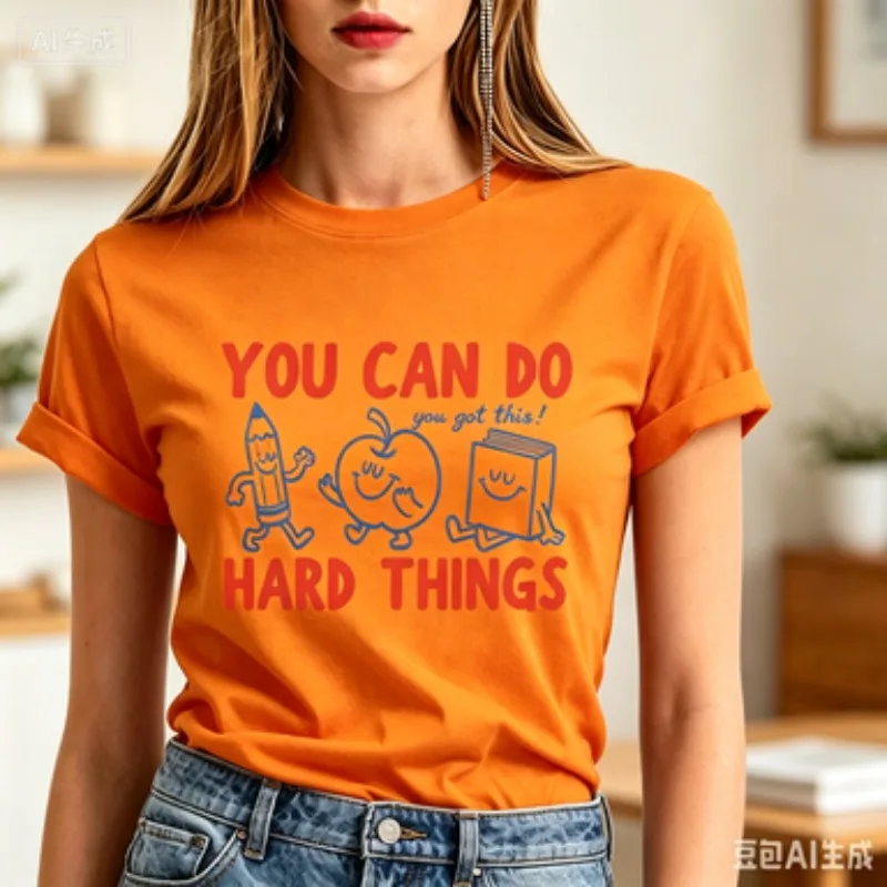 Slim Tee Encouraging Words Hand Drawn Pencil Apple Book Cartoon Design Casual Short Sleeve Trendy Teacher Student Basic Tees