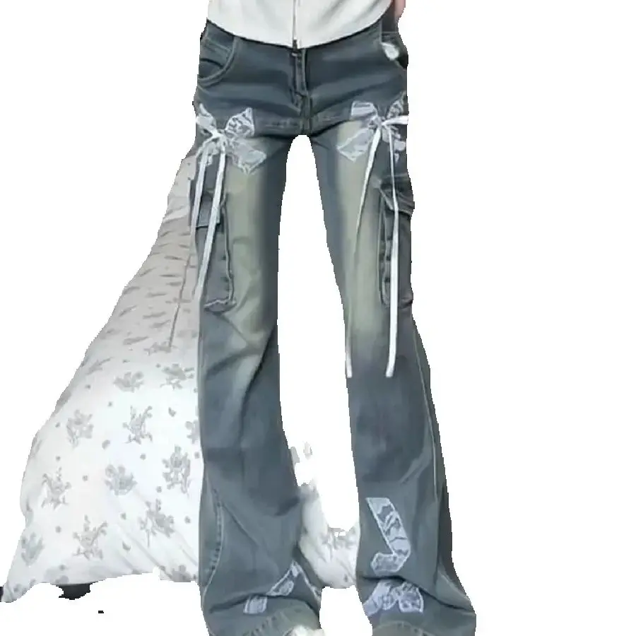American Retro Lace Bow Jeans Women 2025 Summer New Niche Design Slim Casual Versatile Drooping Trousers