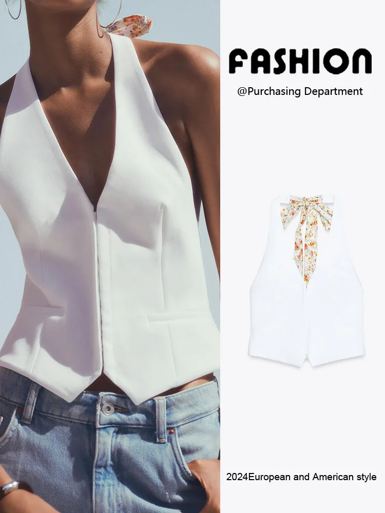 Sexy Backless Printed Thin Scarf Necktie Top Women's Fashion Summer New Arrival Slim Fit Short Length Single Button Closure
