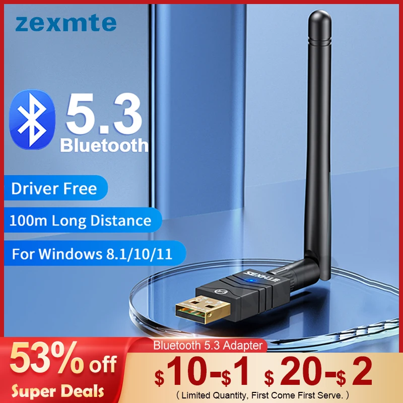 

Zexmte 100M Bluetooth 5.3 Adapter USB Bluetooth 5.1 5.0 Dongle Transmitter Receiver for Windows 11/10/8 Wireless Mouse Adaptador