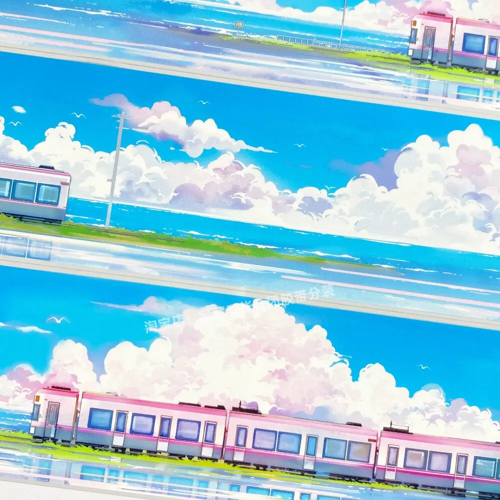 Cloudy Coastal Train Sky Purple Scenery Washi Tape PET Sticker for Journaling Scrapbooking DIY