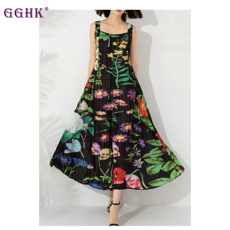 

GGHK Miyake Pleated Dress Women 2024 New Retro Print Design Fashionable Loose Large Size Temperament Suspender Long Skirt