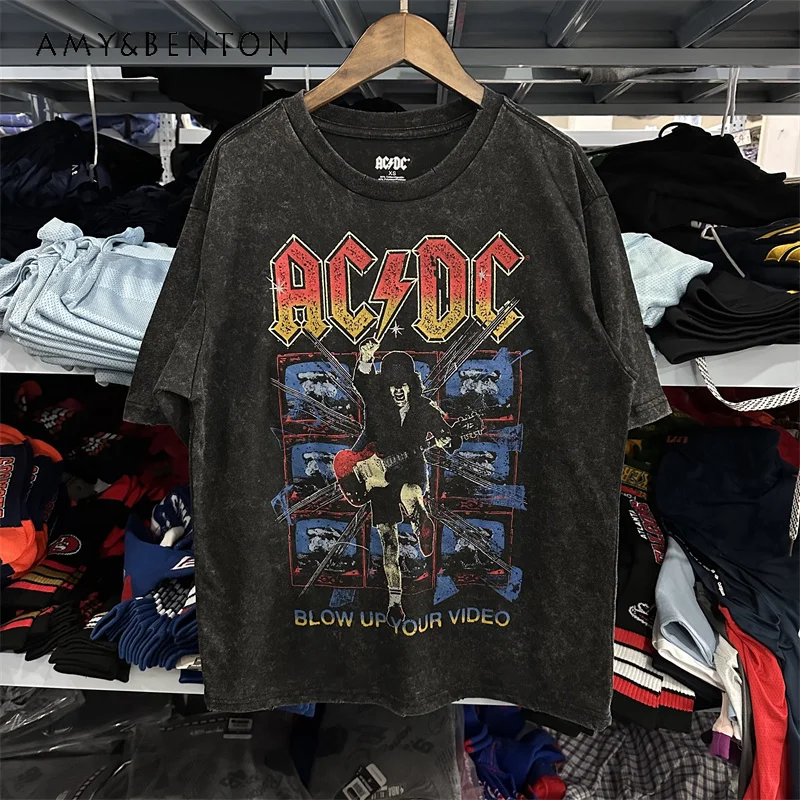 

American Band Rock Punk Retro Do Old Washed Black Gray Street Loose Crew Neck Cotton Youth Pop Print Regular T-shirt