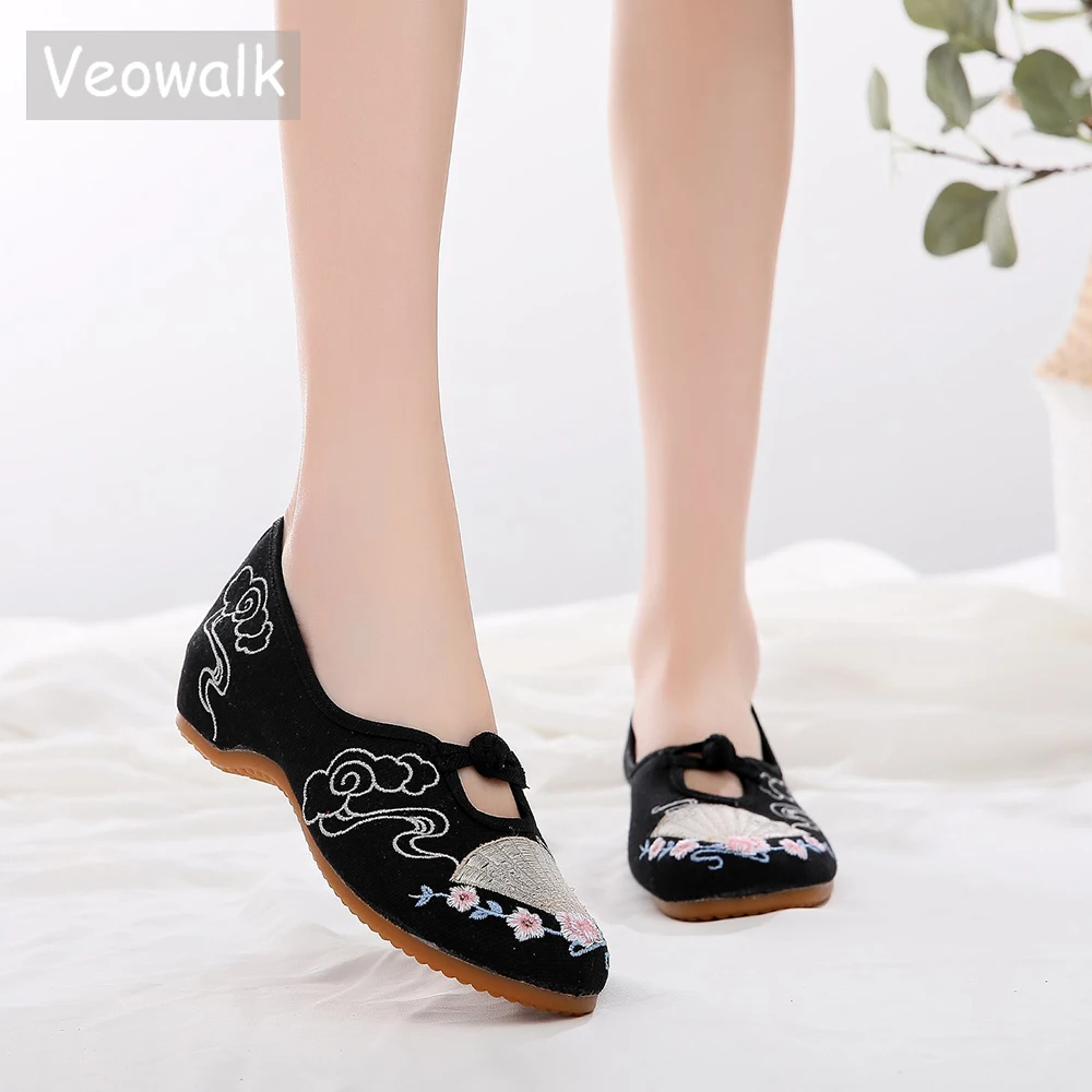 Veowalk Cotton Embroidery Women Comfort Ballet Flats Vegan Ladies Casual Canvas Slip-on Ballerinas Denim Dance Costume Shoes