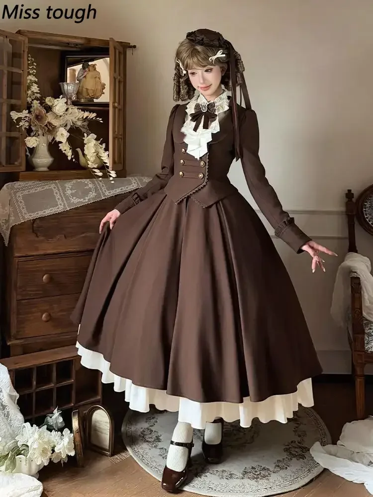 Fall Winter Vintage French Elegant Lolita Japanese Women's 3 Pieces Set Brown Jacket + White Shirt + Midi Skirt Harajuku Outfits view 5