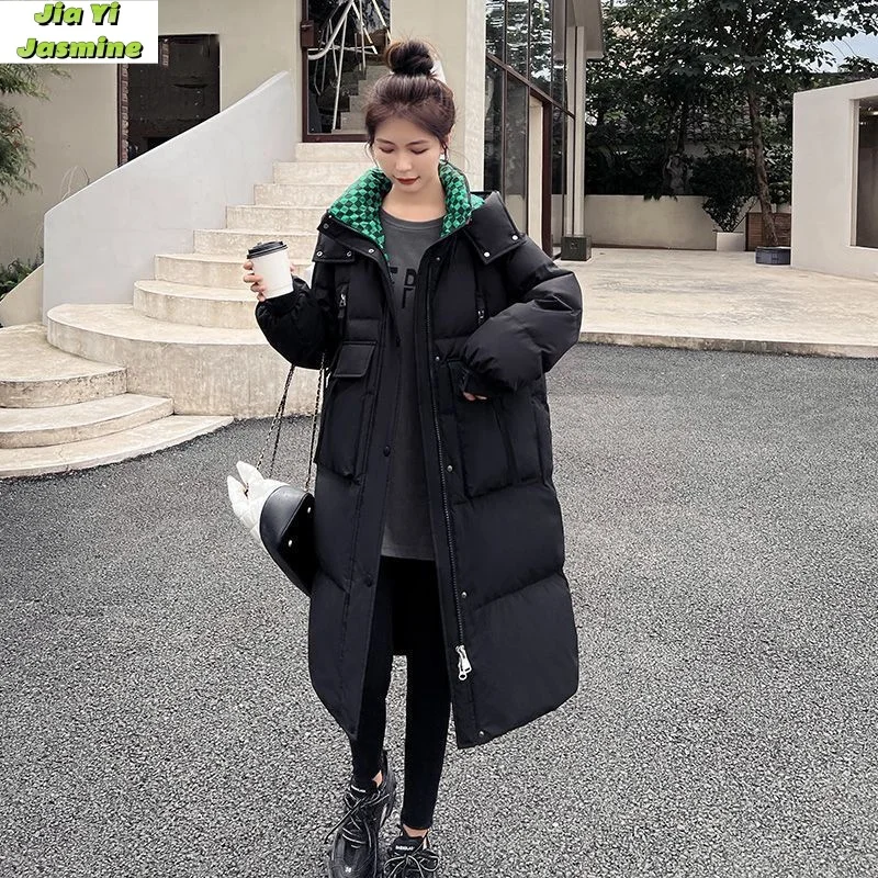 2024 Women's Long Down Cotton Jacket Hooded Color Blocked Cotton Jacket Korean Version Casual Fashion Thick Coat