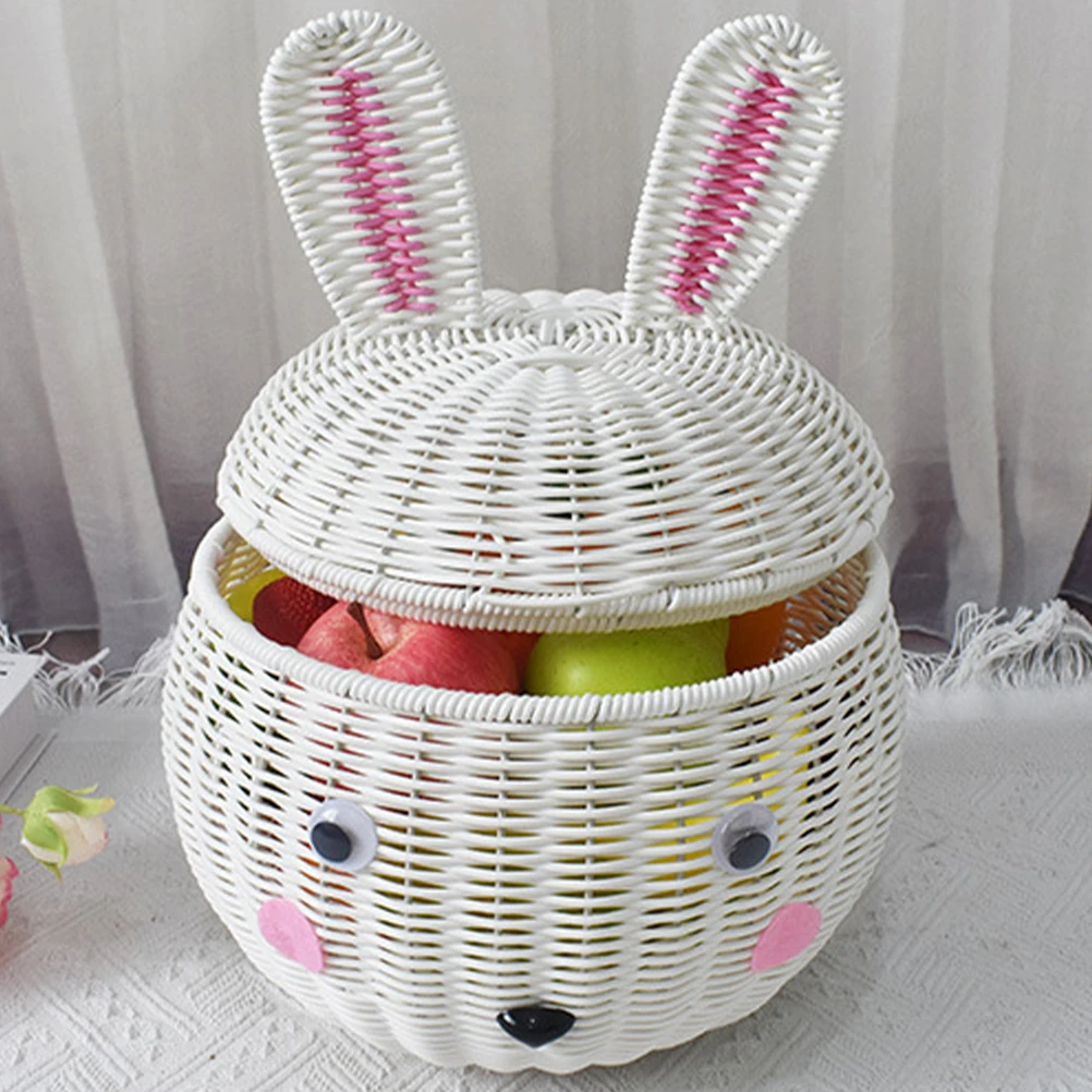 

Rabbit Storage Basket Lidded Fruit Basket Small Animal Khaki Bread PP Simulation Rattan Toy Woven Baskets Home Kitchen Storage