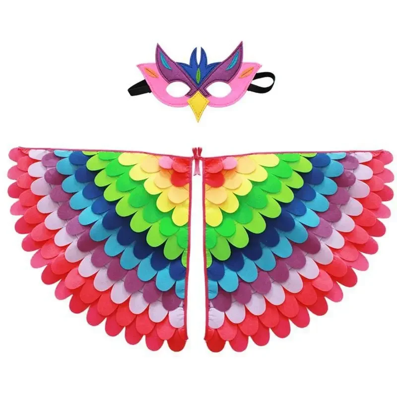 Kids Cosplay Costume Stage Performance Owl Peacock Wings Bird Felt Cape with Mask for Girls Boys Halloween Party Cloak