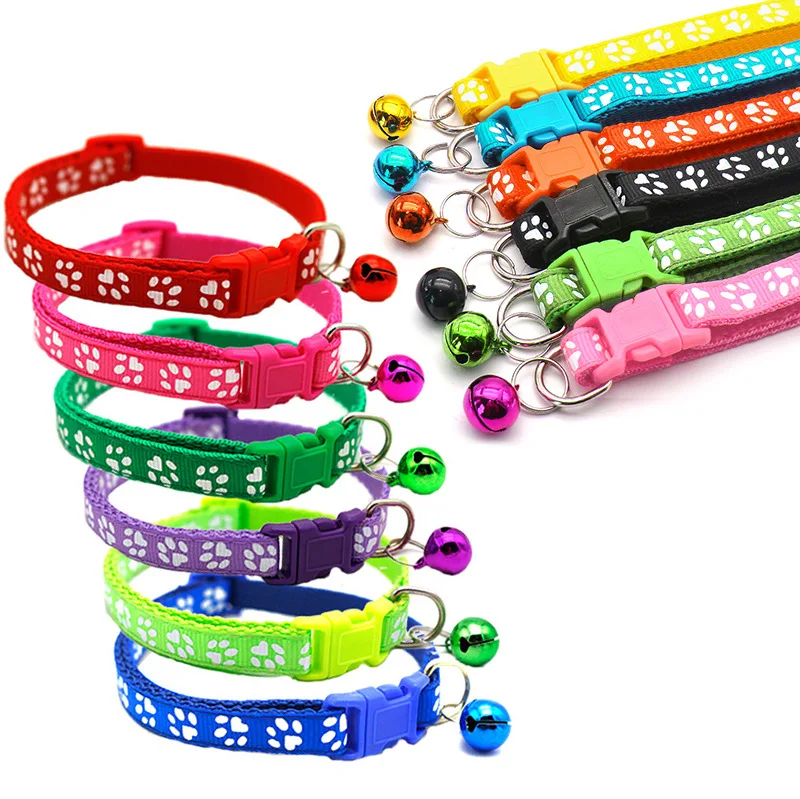 Colorful Paw Printed Collar for Cat and Dog, Adjustable Collar, Tone Footprints, Pet Collar Pendant with Bells, Pet Supplies