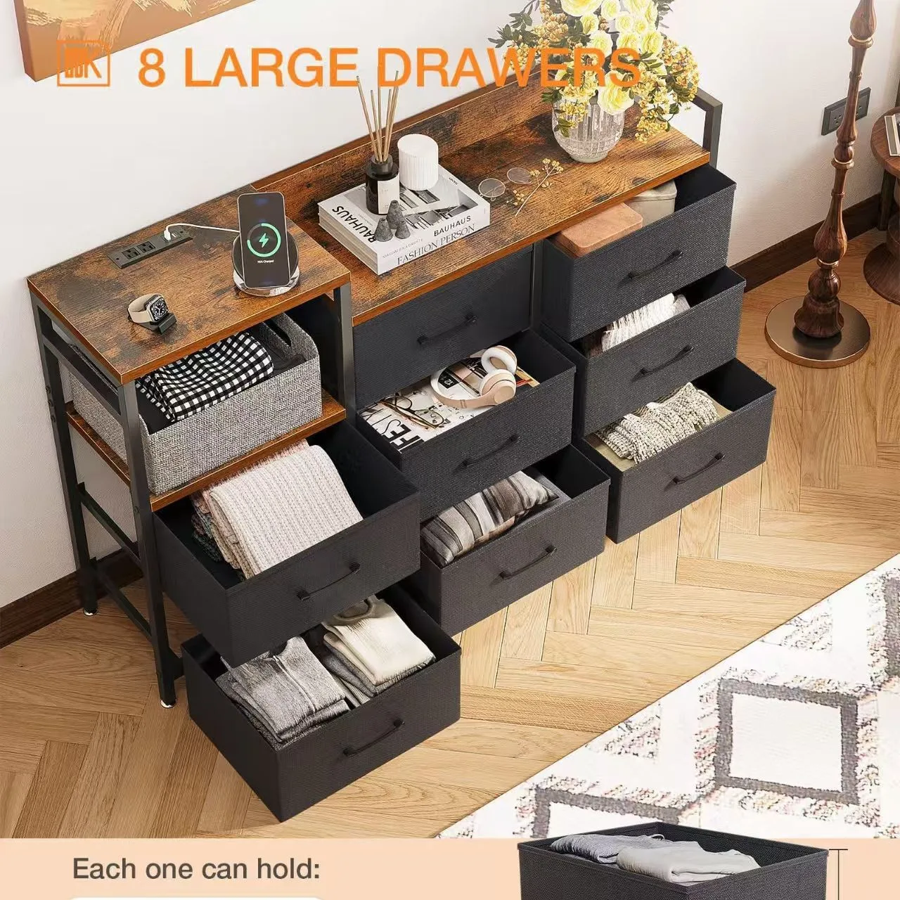Cross-border new iron and wood combined with floor-to-ceiling eight-grid storage rack with socket US standard bucket cabinet