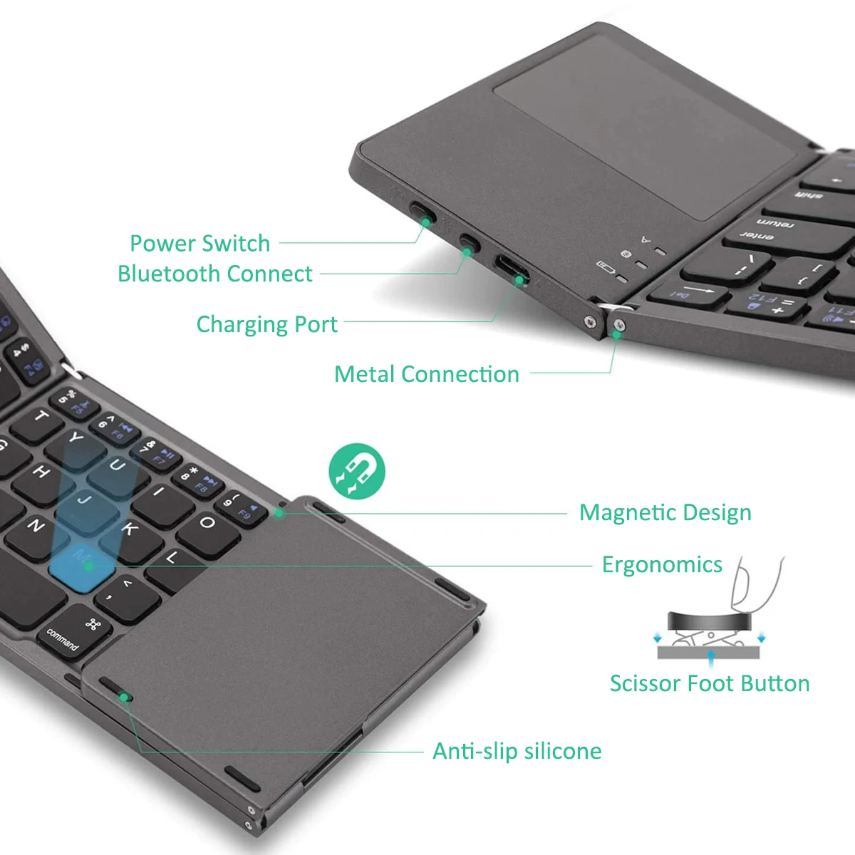 Imagem -02 - Mini Teclado sem Fio com Touchpad Teclado Portátil Magnético Triplo Dobrável Bluetooth Windows Android Ios Ipad Tablet