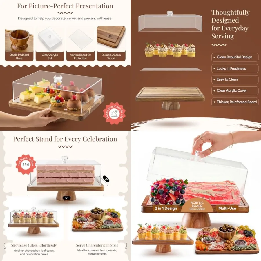 

Acacia Wood Cake Stand with Lid - Rectangular Cake Holder, 2-in-1 Dessert Table Display Set Charcuterie Board for Cheese, Chips