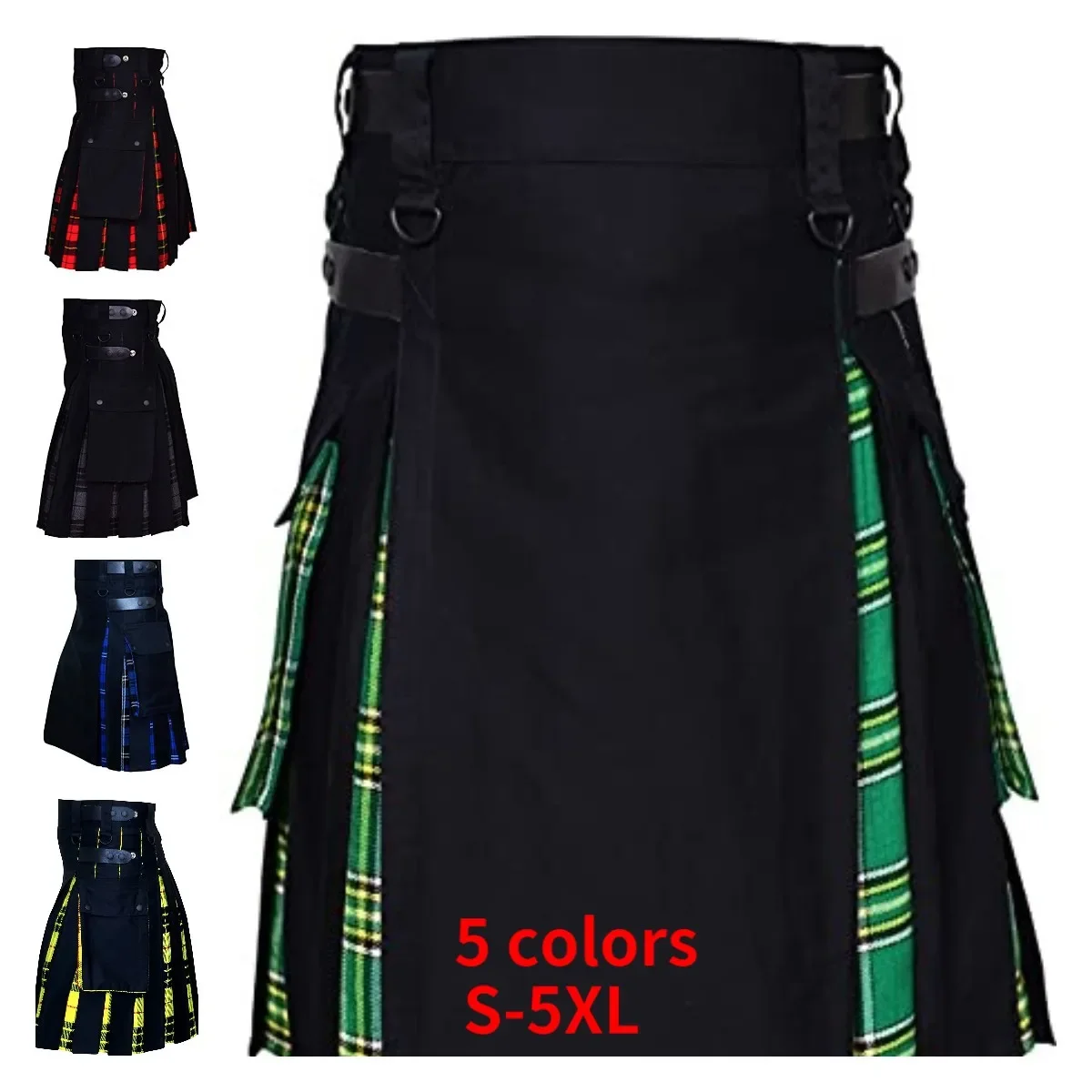 Men\'s Plus Size Scottish Hybrid Black Cotton & Tartan Utility Kilts with Leather Straps Kilts for Men