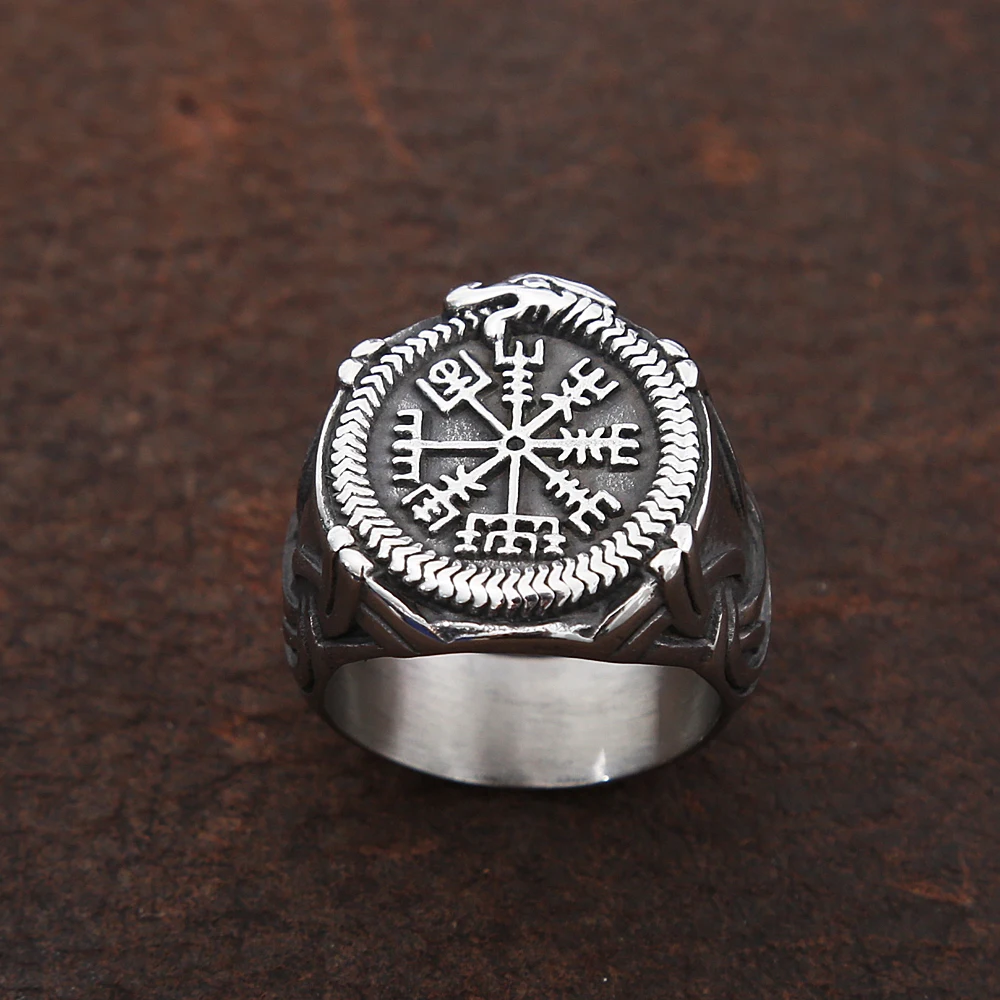 Vintage Viking Compass Helm of Awe Ring Stainless Steel Men Nordic Ethnic Belief Aegishjalmur Viking Rings Jewelry Dropshipping