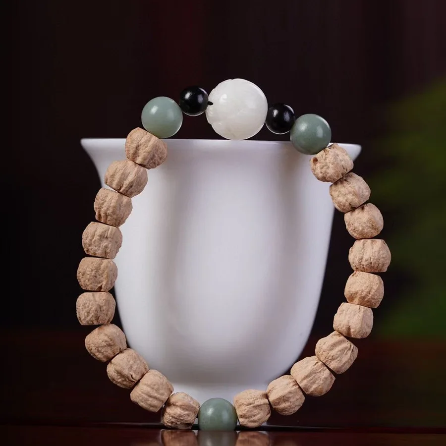 

Tibetan Seiko Sliced Hundred Fragrance Density Smooth Pattern Women's Single Circle Carved Lotus White Jade Accessory Bracelet