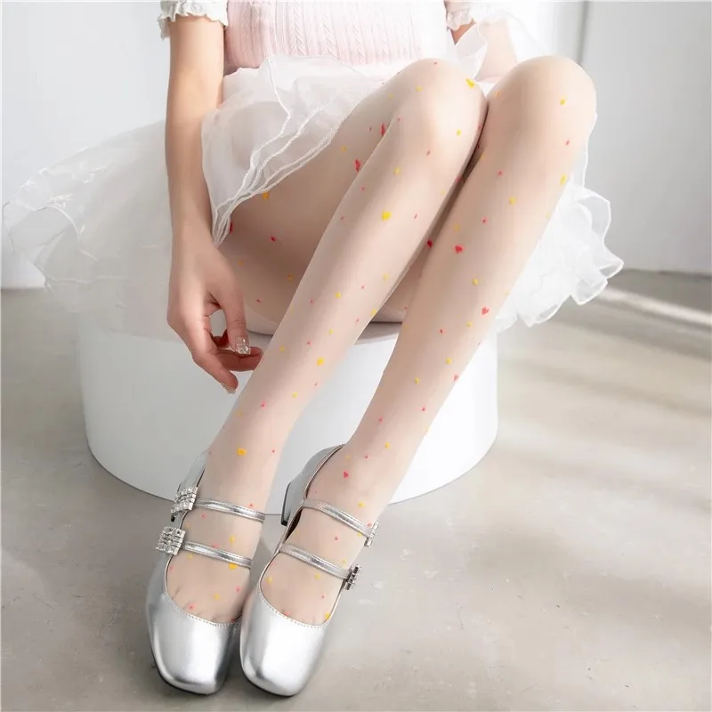 Frauen Ultra Dünne Strumpfhosen Sexy Strumpfhosen JK Strümpfe Bunte Süße Liebe Herz Polka Dots Drucken Transparent Beige Schwarz Leggings – Detail 11