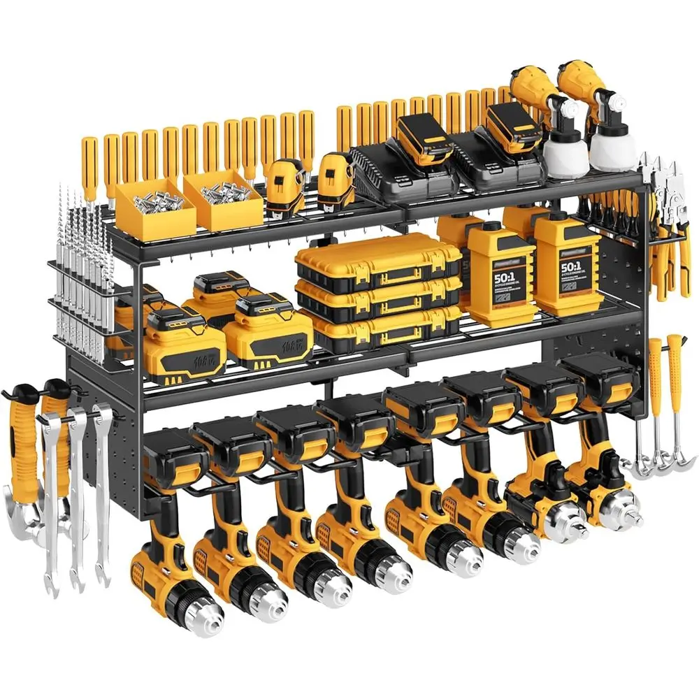 

Настенный органайзер для электроинструментов, металлическая полка для инструментов с 3-мя ярусами и нагрузкой до 300 фунтов, 8 держателей для дрелей, для хранения в гараже или мастерской.