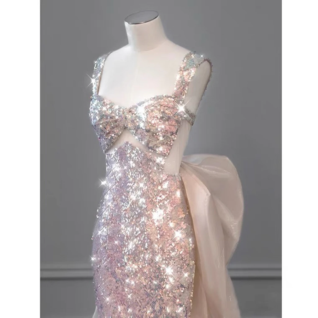 Shiny Pink Mermaid Evening Dresses Bowknot Sequined Beading Detachable Tailing Halter Collar Customize Luxury Prom Gowns 2024